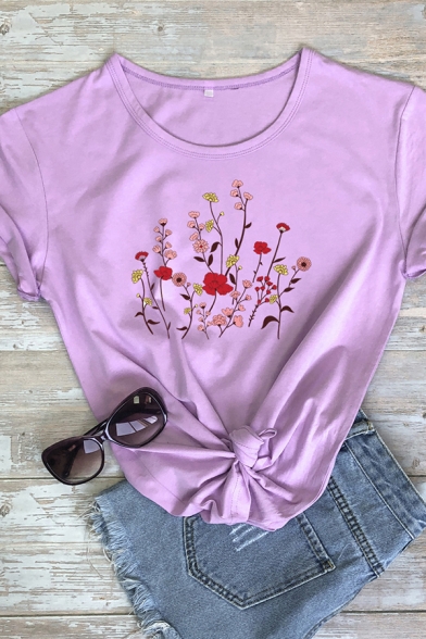 Womens Tee Top Stylish Floral Printed Round Neck Loose Fitted Short Sleeve Tee Top