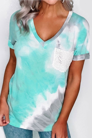 Womens Trendy Tie Dye Print Patchwork Lace Chest Pocket Short Sleeve V Neck Regular Tee Top in Blue