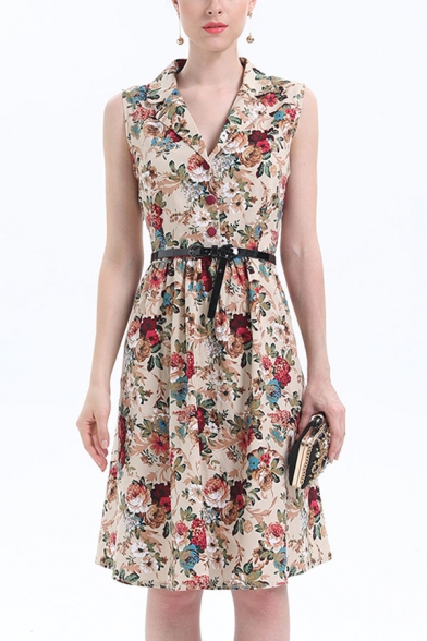 Apricot Stylish All over Floral Print Belted Button Front Lapel Collar Sleeveless Midi A-Line Dress for Women