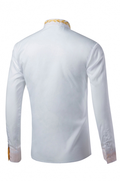 Basic Mens Shirt Leaf Embroidered Point Collar Button up Long Sleeve Slim Fitted Shirt