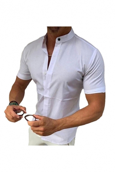 Basic Mens Shirt Solid Color Button-down Short Sleeve Stand Collar Slim Fitted Shirt
