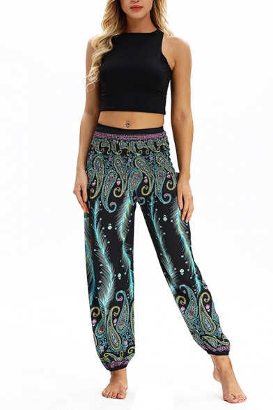 Basic Womens 3D Pants Feather Paisley Pattern Loose Fitted Cuffed Ankle Length Mid Elastic Rise Relaxed Pants