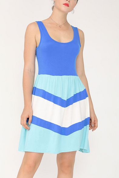 Blue Casual Chevron Printed Color Block Backless U-Shaped Collar Sleeveless Mini A-Line Tank Dress for Women