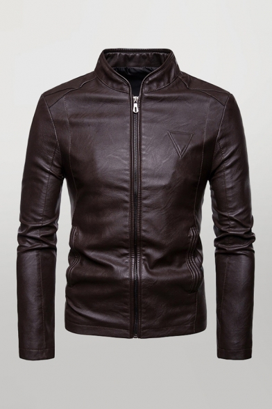 Chic Mens Jacket Triangle Letter Pattern Zipper Detail Mock Neck Slim Fitted Long Sleeve Leather Jacket