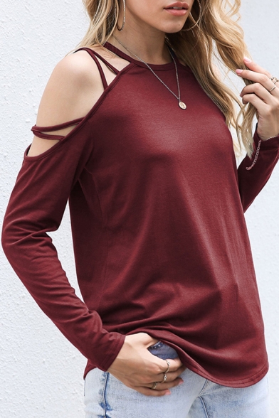 Chic Womens Solid Color Curved Hem Criss-Cross Cold Shoulder Long Sleeve Loose Tee Top