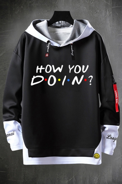 Cool Mens Hooded Sweatshirt Letter How You Doin Printed False Two Pieces Ribbon Detail Drawstring Long Sleeve Regular Fit Hooded Sweatshirt