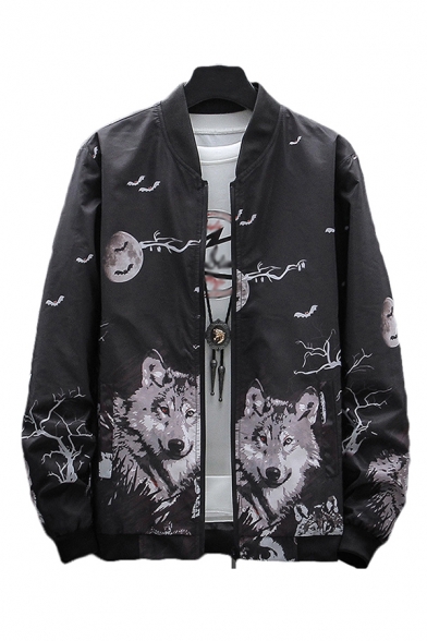 Cool Mens Jacket Wolf Bat Branch Printed Zipper down Stand Collar Long Sleeve Regular Fit Varsity Jacket