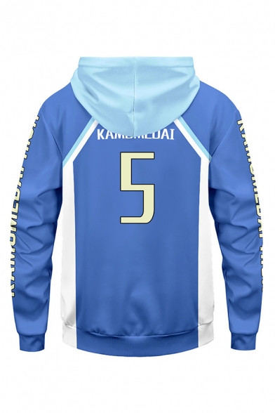 Cosplay Number Japanese Letter Footprint Graphic Contrasted Long Sleeve Drawstring Pouch Pocket Loose Hoodie in Blue
