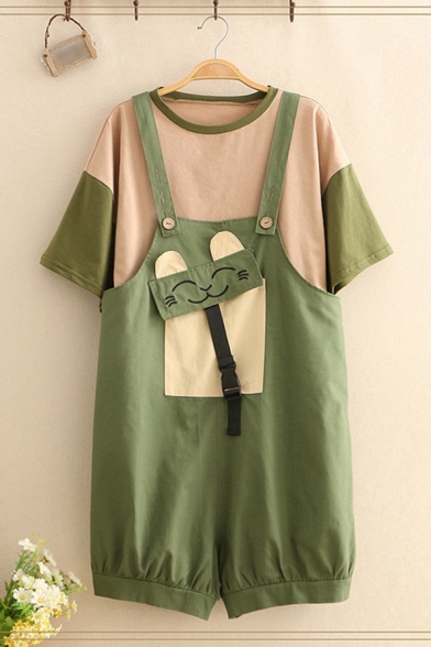 Fancy Girls Overalls Cartoon Cat Pattern Flap Pocket Button Buckle Loose Fitted Short Overalls