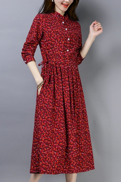 

Fancy Womens Ditsy Flower Printed Long Sleeve Stringy Selvedge Crew Neck Button Up Bow Tied Waist Mid Pleated A-line Dress, Red;coffee;navy, LM688659