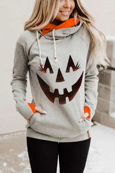 

Fashion Halloween Pumpkin Print Zipper Detail Long Sleeve Cowl Neck Drawstring Slim Fit Hoodie, LC702784