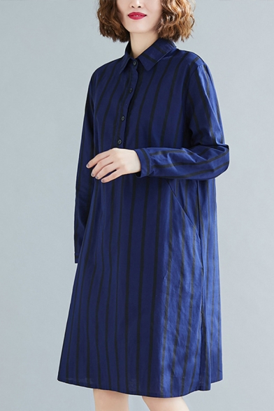 Fashion Stripe Printed Long Sleeve Point Collar Button Up Short A-line Shirt Dress in Blue
