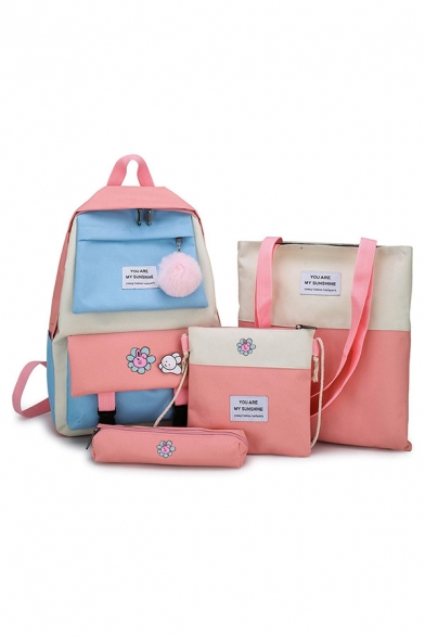 Fashionable Letter Patched Colorblock Large Capacity Backpack Four Pieces Set in Pink