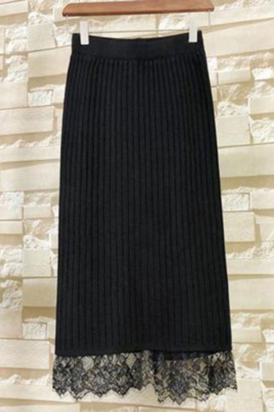 Fashionable Skirt Striped Lace Trim Split High Rise Elastic Midi A-Line Knit Skirt for Women