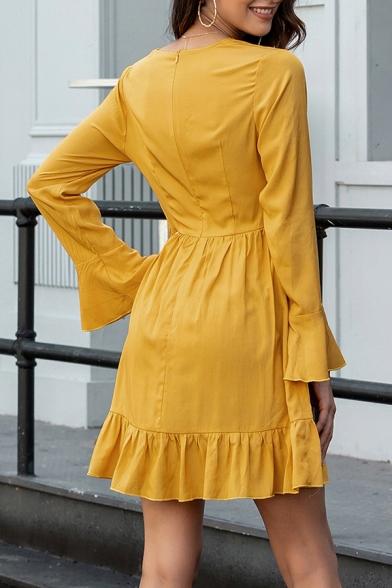 Fashionable Womens Bell Long Sleeve V-neck Ruffled Short Pleated A-line Dress in Yellow