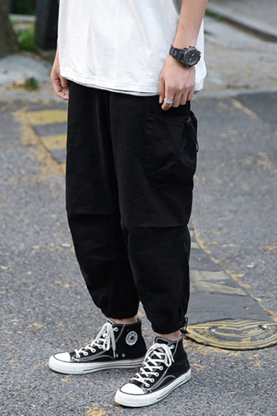 Hip Hop Boys Solid Color Drawstring Waist Patched Pockets Ankle Length Bungee Cuffs Harem Cargo Pants