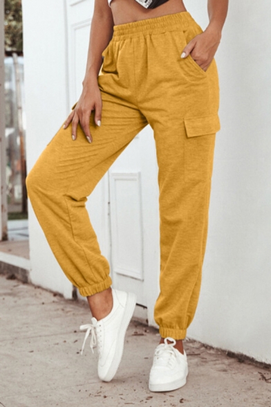 Hip Hop Ladies Solid Color Elastic Waist Flap Pockets Cuffed Ankle Relaxed Sweatpants