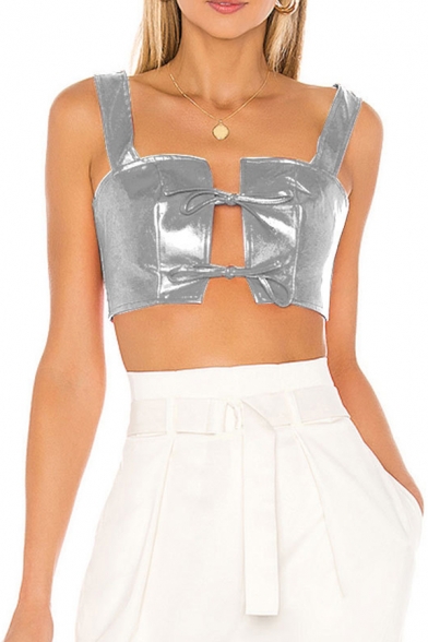 Hot Girls Solid Color Metallic Square Neck Tied Front Slim Fit Cropped Tank Top