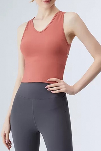Jogging Womens Orange Sleeveless V-neck Cut Out Crisscross Slim Fit Tank Top