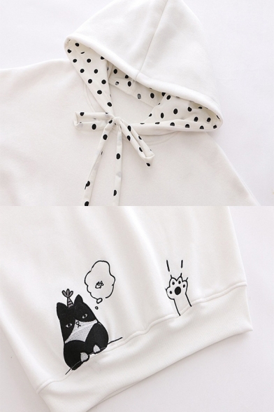 Kawaii Cat Paw Embroidered Polka Dot Long Sleeve Drawstring Loose Hoodie