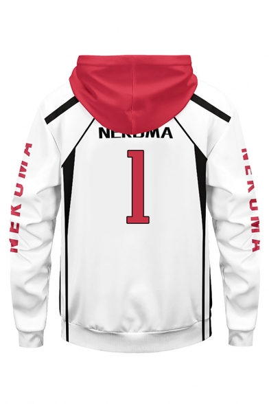 Leisure Number Letter Pattern Contrasted Long Sleeve Drawstring Pouch Pocket Relaxed White Hoodie