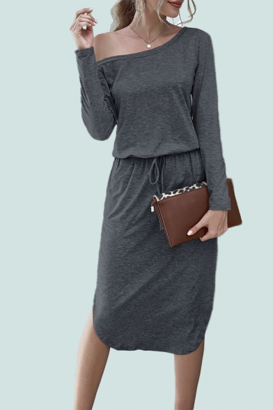 Leisure Womens Solid Color Long Sleeve Oblique Shoulder Drawstring Waist Mid Shift Dress