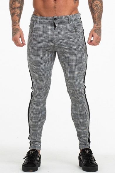 Men's Hot Fashion Plaid Pattern Tape Side Grey Casual Skinny Pencil Pants