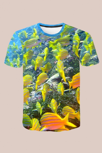 Mens 3D T-Shirt Stylish Fish Water Castle Cloud Bubble Seagull Computer Pattern Regular Fit Short Sleeve Round Neck T-Shirt