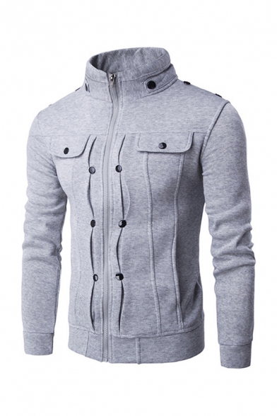 Mens Jacket Chic Button Flap Pocket Decoration Cuffed Zipper Detail High Neck Slim Fitted Long Sleeve Casual Jacket