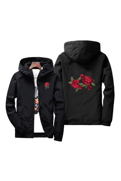 Mens Jacket Simple Floral Embroidered Bungee-Style Waist Inner Lining Zipper down Long Sleeve Regular Fit Hooded Windbreaker Jacket