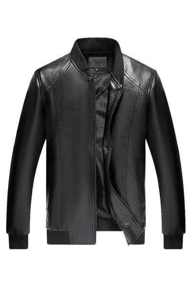 Mens Jacket Simple Rib Trim Lined Zipper Detail Stand Collar Regular Fit Long Sleeve Leather Jacket