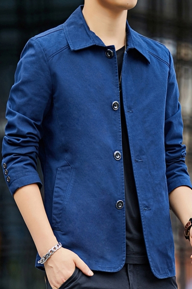 Red Solid Pocket Front Button Up Jacket Cotton Casual Plain Long Sleeve Single Button Coat