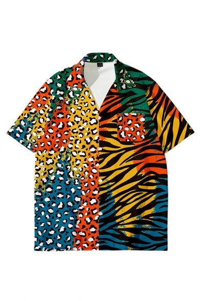 Mens Shirt Chic Contrasted Leopard Skin Zebra Stripe Printed Button up Notch Collar Half Sleeve Regular Fit Shirt