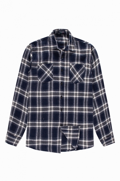 Mens Shirt Chic Tartan Printed Chest Pockets Button-down Long Sleeve Spread Collar Loose Fit Shirt
