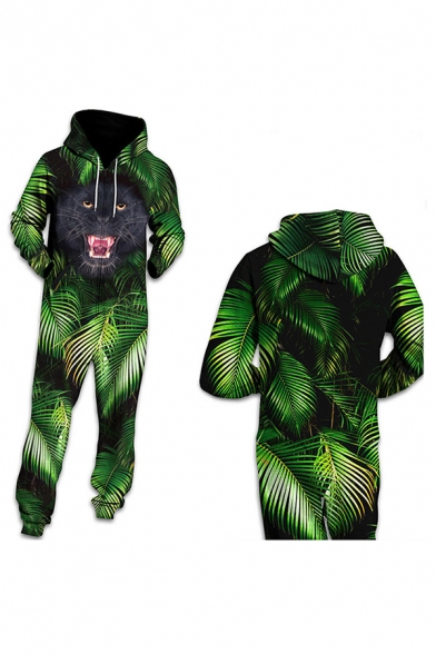 Modern 3D Jumpsuit Skull Tiger Baboon Leopard Painting Pattern Drawstring Pocket Zipper Ankle Length Long-sleeved Relax Fit Hooded Jumpsuit for Women
