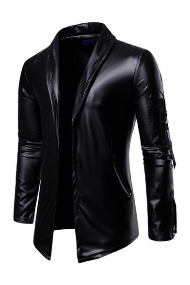 Novelty Mens Jacket Ribbon Detail Stretch PU Cardigan Turn-down Collar Long Sleeve Slim Fitted Leather Jacket