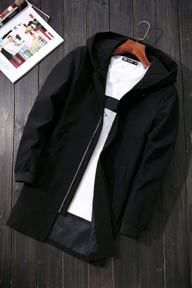 Novelty Mens Trench Coat Large Pockets Drawstring Zipper up Long Sleeve Regular Fit Long Hooded Trench Coat