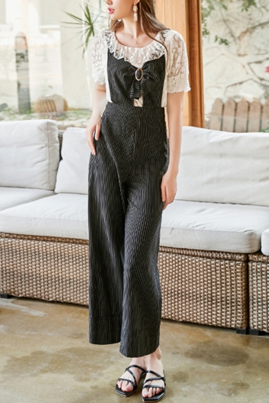 

Novelty Womens Pants Pinstriped Printed Cut-out Front Bow-Tie Detail Regular Fitted 7/8 Length Wide Leg Relaxed Pants, Black, LM686335