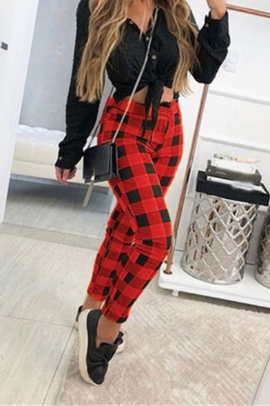 Novelty Womens Pants Plaid Printed High Rise Slim Fit 7/8 Length Tapered Relaxed Pants