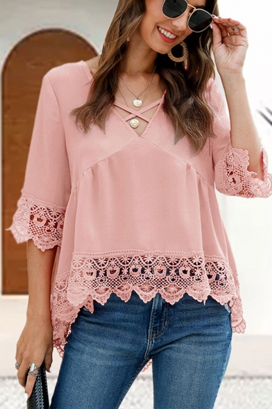 Pop Womens Solid Color Patchwork Lace Trim Hollow Out High Low Hem Crisscross V Neck 3/4 Sleeve Loose Tee Top