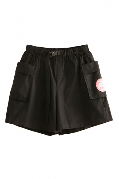 Popular Womens Shorts Pig Floral Letter Printed Flap Pocket Buckle High Rise Oversize Shorts