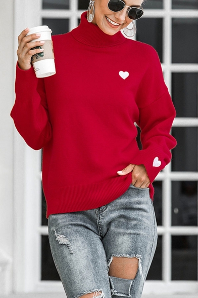 Pretty Womens Heart Embroidered Long Sleeve Turtleneck Relaxed Fit Knit Pullover Sweater