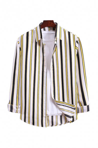 Retro Mens Shirt Stripe Pattern Curved Hem Turn-down Collar Button-down Regular Fit Long Sleeve Shirt