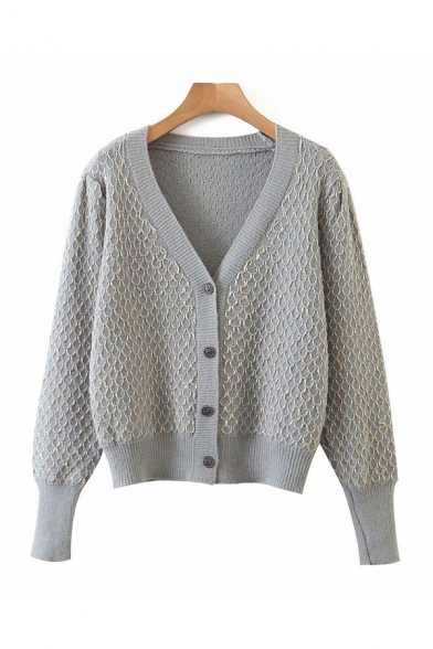 

Retro Womens Diamond Print Button Up V Neck Bishop Long Sleeve Loose Knit Cardigan Sweater, Gray;yellow, LM688326