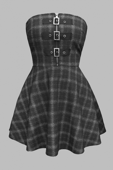 Retro Womens Dress Plaid Pattern Strapless Three-Buckle Zipper Embellished Short A-Line Dress