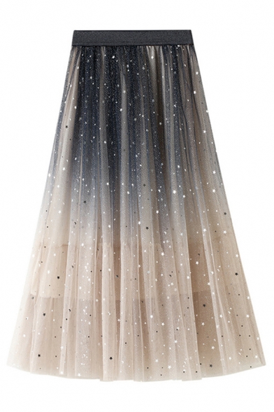 Retro Womens Skirt Ombre Color Sequin Decoration High Elastic Rise Maxi A-Line Tulle Skirt