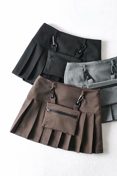 Retro Womens Skirt Plain Panel Pleated Hem Detachable Waist-Bag High Waist Mini A-Line Skirt