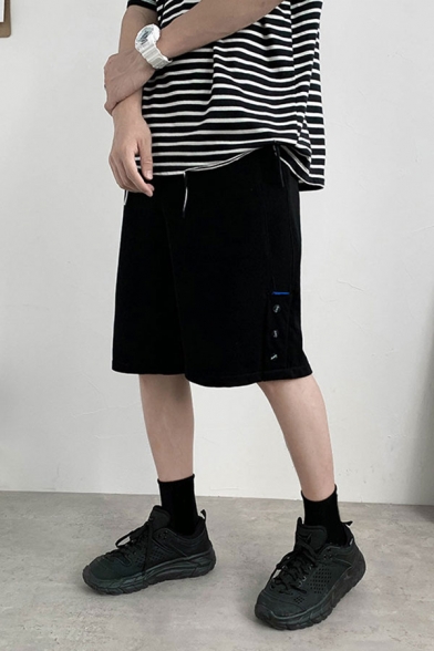 Street Boys Solid Color Button Detail Drawstring Waist Knee Length Relaxed Fit Shorts