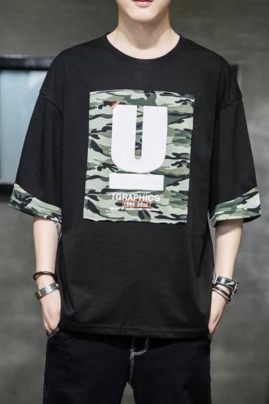 Street Letter U Camo Graphic 3/4 Sleeves Crew Neck Loose Fit Tee Top