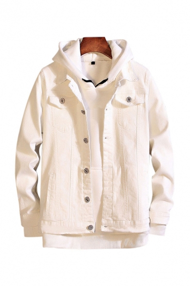 Stylish Jacket Plain Pockets Spread Collar Button Fly Regular Fit Long-sleeved Denim Jacket for Men